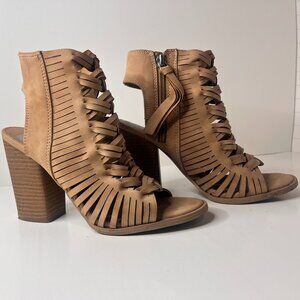 Women’s Tan Cutout Open-Toe Bootie Sandals – Size 6 – Block Heel Summer Shoes